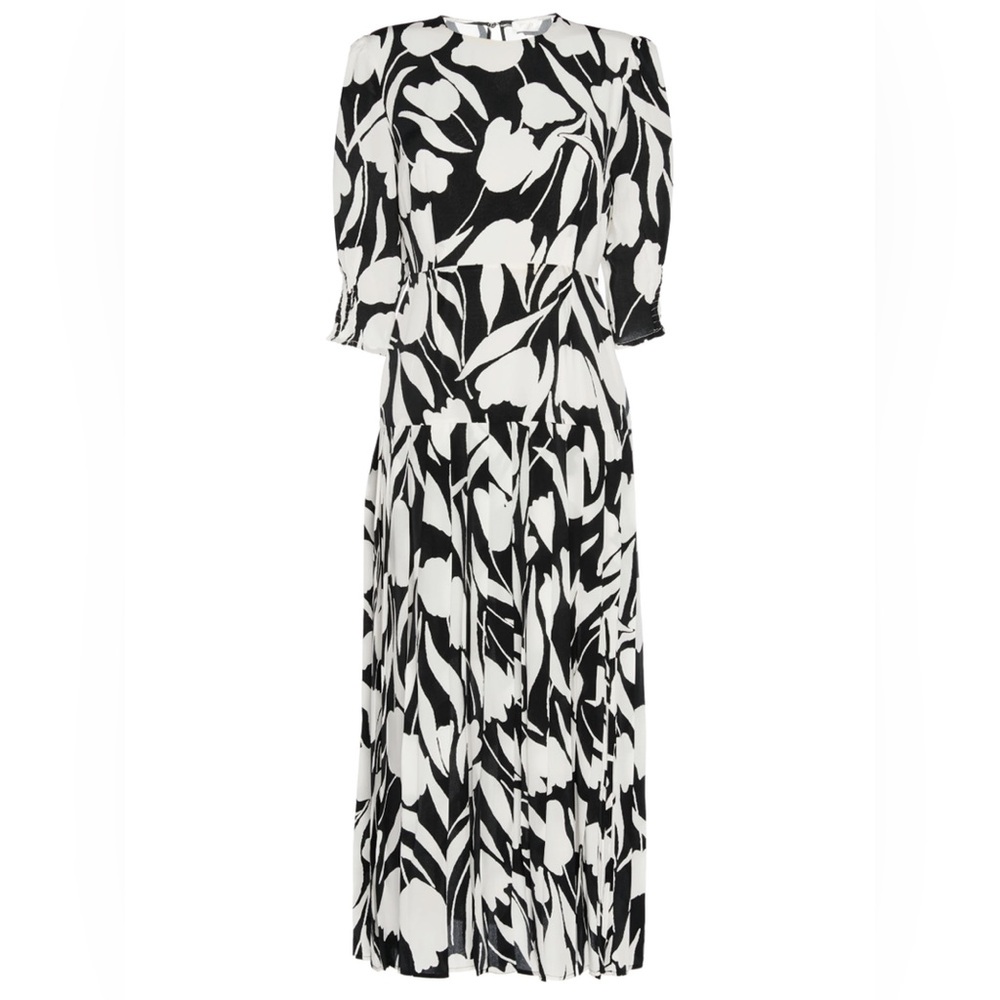 RIXO LONDON Sheree Abstract Tulip Elbow Sleeve Floral Midi Dress, US 2 , NWT